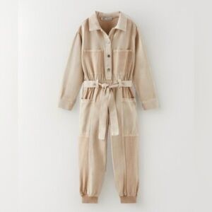 Girls Zara Beige Monochromatic Belted Utility Jumpsuit - 8